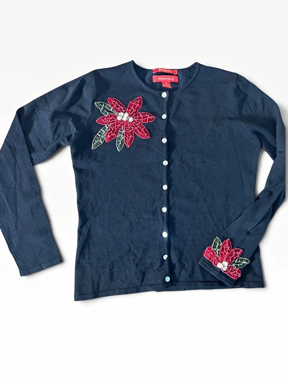 Vintage Northern Isles Poinsettia Cardigan Womens S/P Black Red Coquette Holiday